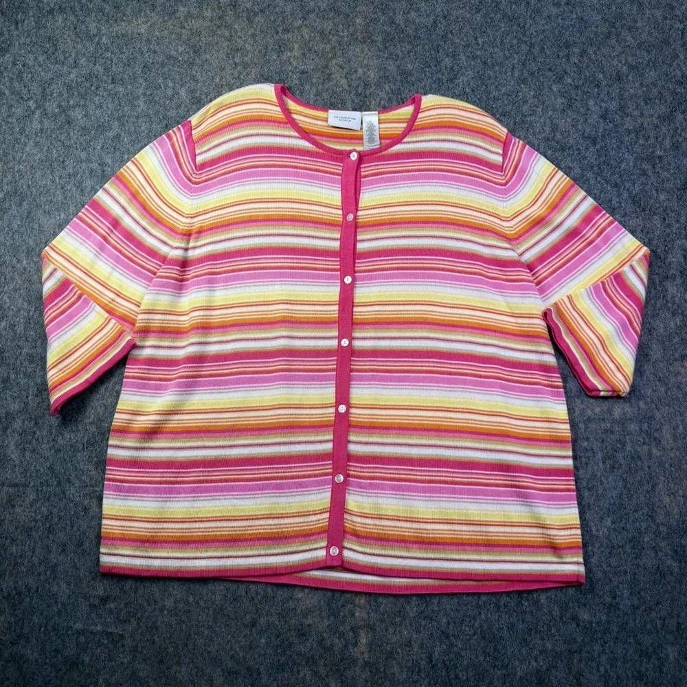 Liz Claiborne Cardigan Womens Sz 2X Pink/Yellow Stripe 3/4 Sleeve Button Sweater
